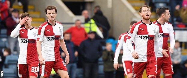 The Rangers players are left dejected after Dundee go 2-0 up through Kevin Holt