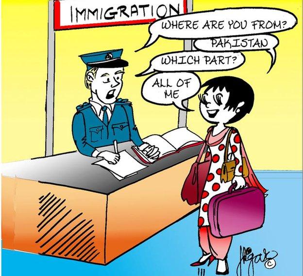 Comic strip showing Gogi speaking with an immigration officer. He asks her: "Where are you from?" She replies "Pakistan". He asks: "Which part?" and she replies: "All of me".