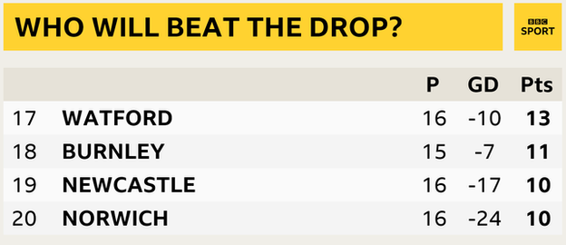 Snapshot of the bottom of the Premier League: 17th Watford, 18th Burnley, 19th Newcastle, 20th Norwich