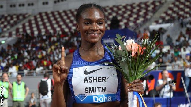 Dina Asher-Smith celebrating winning women's 200m at the 2019 Diamond League event in Doha, Qatar