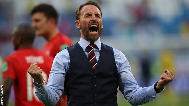 England boss Gareth Southgate celebrates after his side beat Sweden in the World Cup quarter-finals