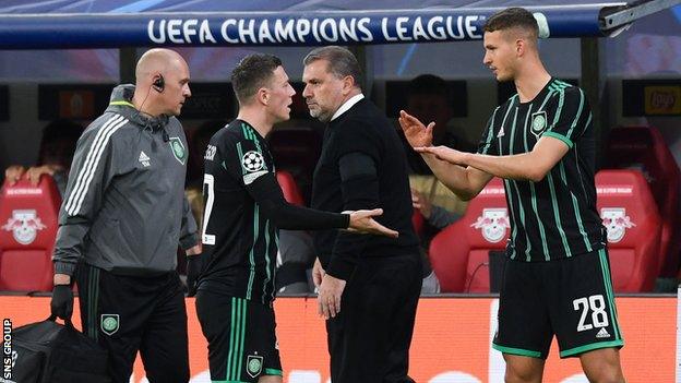 Callum McGregor limped off during the first half of Wednesday's loss to RB Leipzig