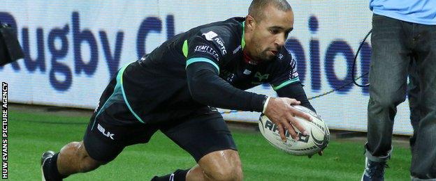 Eli Walker scores his second try for Ospreys against Cardiff Blues