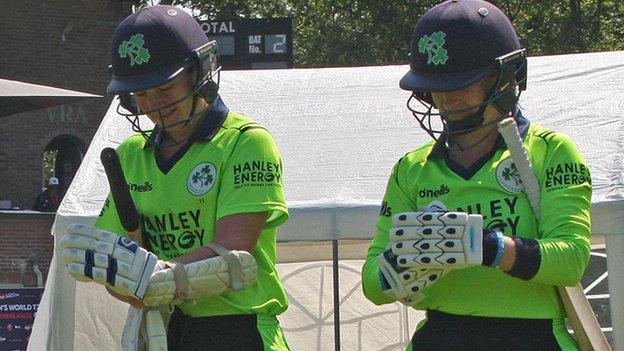 Clare Shillington and Cecelia Joyce walk out to start the Ireland innings against Papua New Guinea