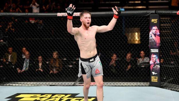 Jack Shore celebrates after his UFC debut win over Nohelin Hernandez