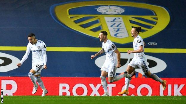 Leeds players celebrate Rodrigo's goal