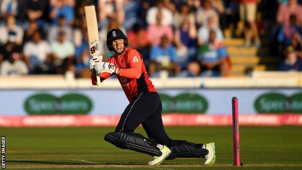 Joe Root looks on after playing a shot towards square leg during a T20 match