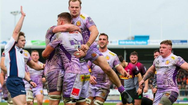 Sam Skinner's chargedown brought Exeter their first try against Harlequins at Sandy Park