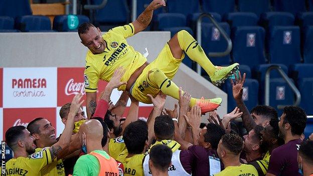 Cazorla was thrown into the air by Villarreal's players after his last game on Sunday