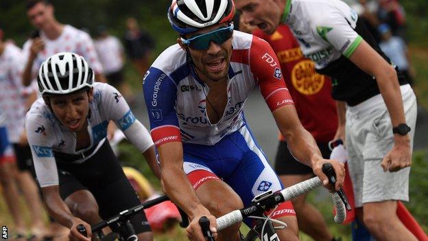 Thibaut Pinot (right) rides away from Egan Bernal (left) on stage 15 of the Tour de France