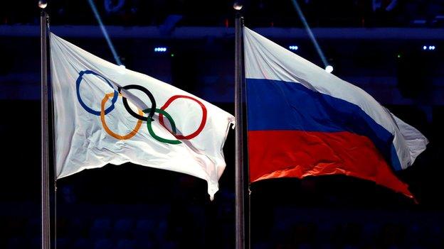 Olympic flag and Russia flag