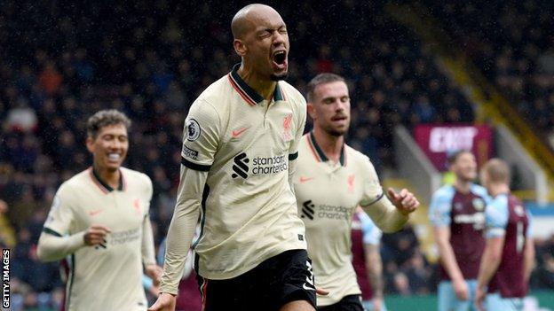 Fabinho celebrates his goal against Burnley