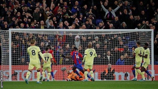 Crystal Palace's Jean-Philippe Mateta scores the opening goal