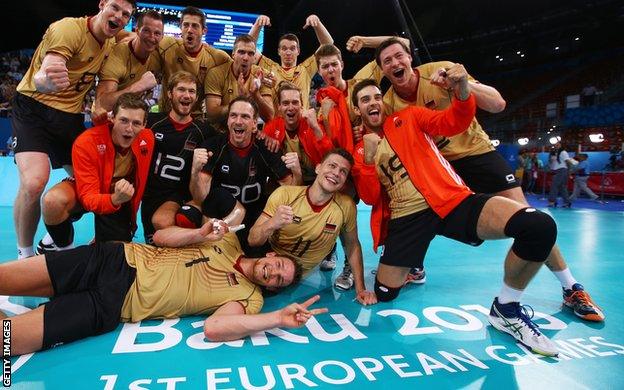 Germany celebrate winning the volleyball at the 2015 European Games