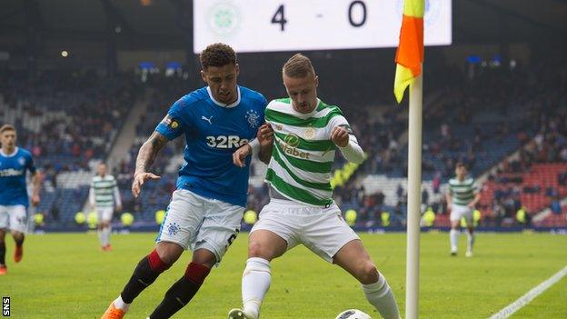 Rangers' James Tavernier challenges Celtic's Leigh Griffiths in their Scottish Cup semi-final