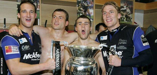 Chris Mayor, Mark Cueto, Richard Wigglesworth and Magnus Lund of Sale pose with the trophy following during the Premiership final between Sale Sharks and Leicester Tigers at Twickenham on May 27, 2006