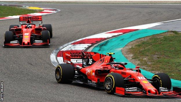 Ferrari F1 driver Sebastian Vettel and Charles Leclerc in action at the 2019 China Grand Prix