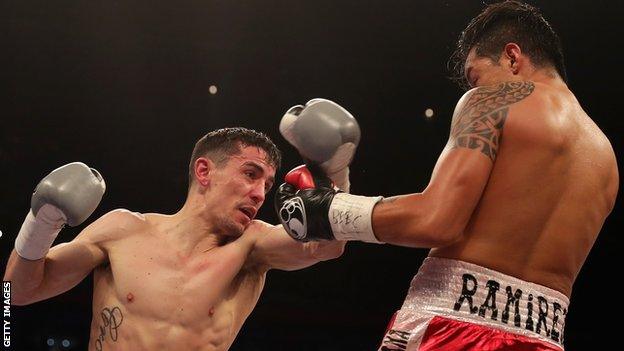 Anthony Crolla punches Edson Ramirez during their Lightweight fight at Principality Stadium on March 31, 2018 in Cardiff, Wales.