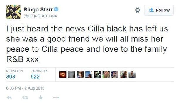 Ringo Starr pays tribute to Cilla Black