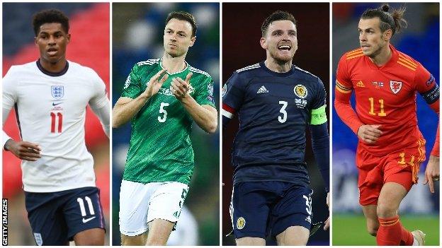 England's Marcus Rashford, Northern Ireland's Jonny Evans, Scotland's Andy Robertson and Wales' Gareth Bale