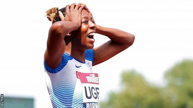 Lorraine Ugen reacts after setting a Championship record of 7.05m in the women's long jump at the British Championships