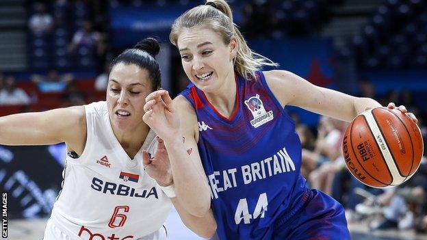 Karlie Samuelson (right) of Great Britain in action against Sasa Cado (left) of Serbia