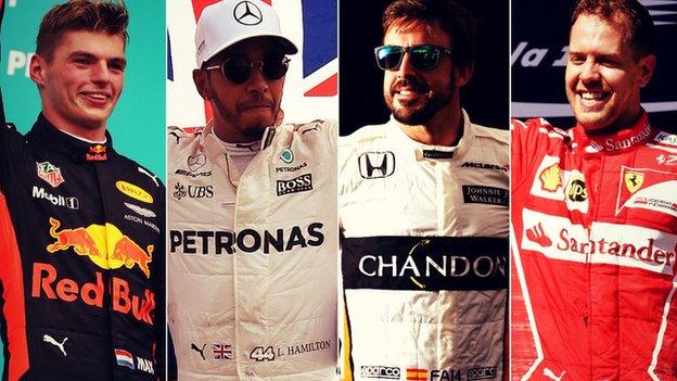 Max Verstappen, Lewis Hamilton, Fernando Alonso and Sebastian Vettel