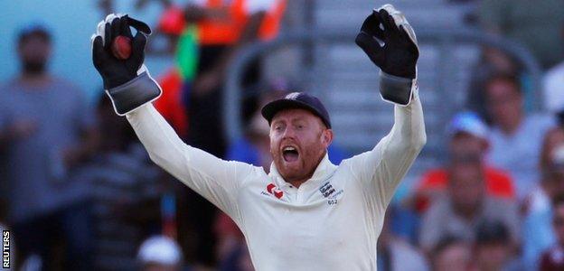 England wicketkeeper Jonny Bairstow appeals after catching Australia's Pat Cummins in the final Ashes Test at The Oval