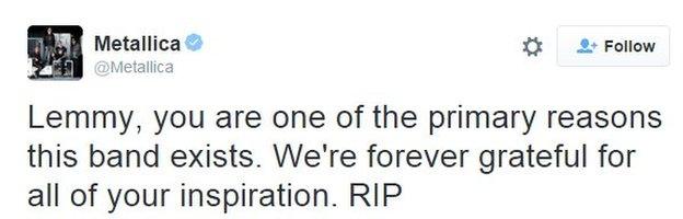 Heavy metal band Metallica tweet: 'Lemmy, you are one of the primary reasons this band exists. We're forever grateful for all of your inspiration. RIP'