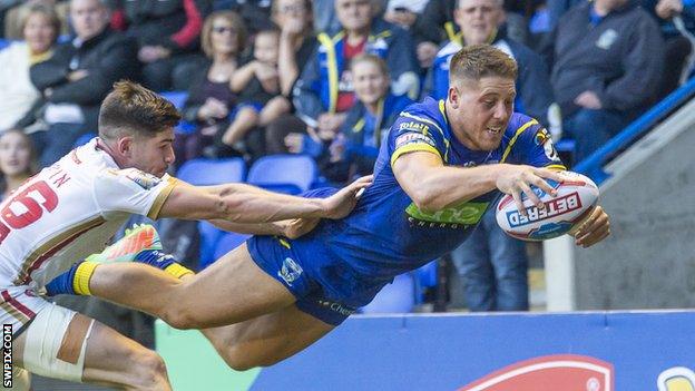 Catalans' Ugo Martin can't prevent Warrington's Tom Lineham scoring a try.