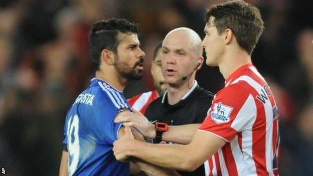 Diego Costa clashed with a number of Stoke players during the match