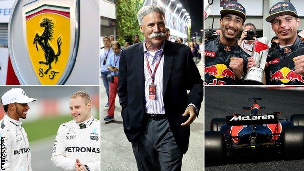 Ferrari logo, Hamilton & Bottas, Chase Carey, Ricciardo & Verstappen & McLaren Honda car