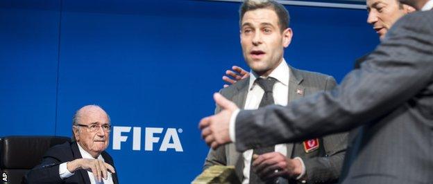 Sepp Blatter (left) and Simon Brodkin