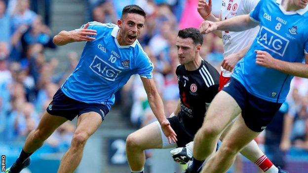 Niall Scully celebrates scoring Dublin's second goal in the first half