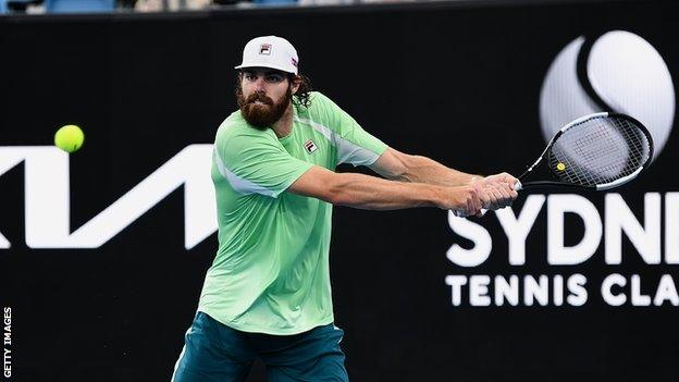 Reilly Opelka hits a shot during his win over Australia's Jordan Thompson