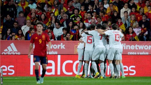 Switzerland celebrate Manuel Akanji's goal