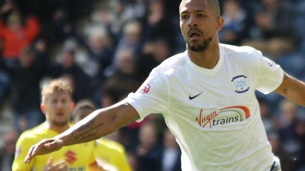 Preston's Jermaine Beckford celebrates his goal against MK Dons