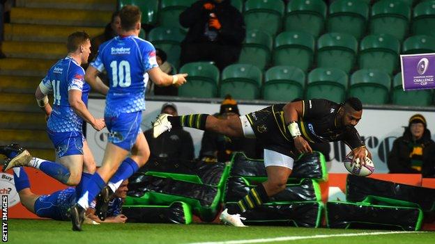 Taqele Naiyaravoro of Northampton Saints scores a try during the Challenge Cup match against Dragons