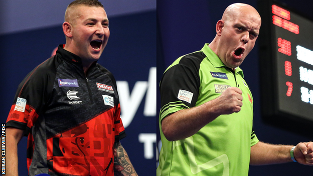 Nathan Aspinall on the left and Michael van Gerwen on the right