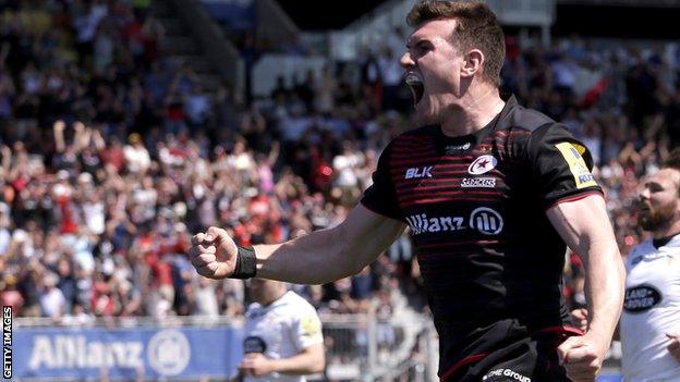 Saracens scrum-half Ben Spencer celebrates his semi-final try against Wasps