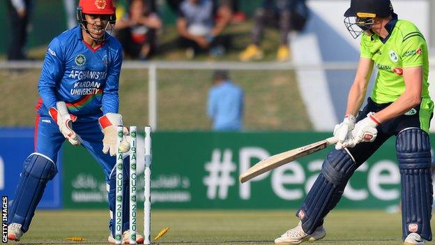 Ireland's Harry Tector is bowled for 37