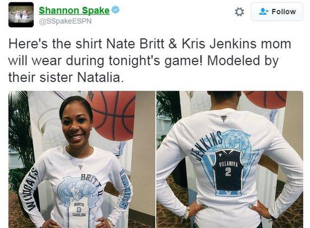 The special NCAA final shirt had Britt's 0 jersey and the North Carolina logo on the front and Jenkins' 2 jersey and a Villanova logo on the back