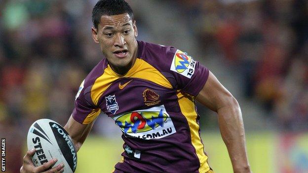 Israel Folau of the Broncos looks to take on the defence during the round 26 NRL match between the Brisbane Broncos and the Canberra Raiders at Suncorp Stadium on September 3, 2010 in Brisbane, Australia.