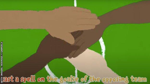 Animation of goat and chicken from music video featuring Pele and Rodrigo y Gabriela. Text reads: "cast a spell on the goalie of the opposing team"