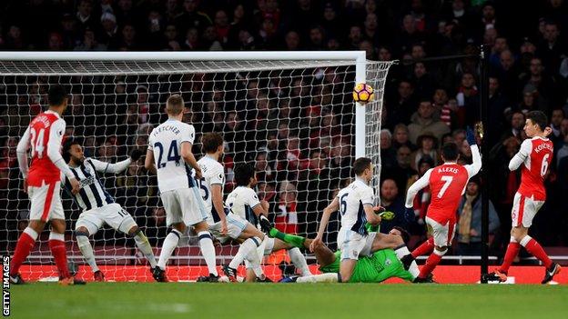 Alexis Sanchez hits the post with a shot for Arsenal against West Brom