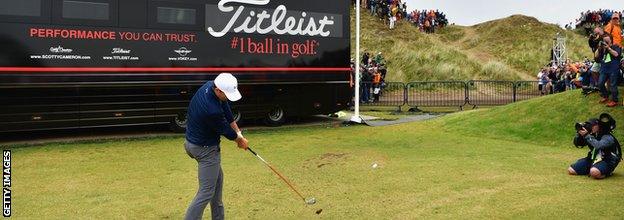 Jordan Spieth of the United States hits his third shot from the practice range on the 13th hole during the final round of the 146th Open Championship at Royal Birkdale on July 23, 2017 in Southport, England.