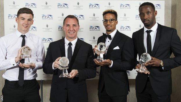 Kieran Tierney, Brendan Rodgers, Scott Sinclair and Moussa Dembele