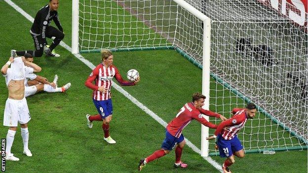 Yannick Carrasco (right) celebrates scoring in the 2016 Champions League final against Real Madrid