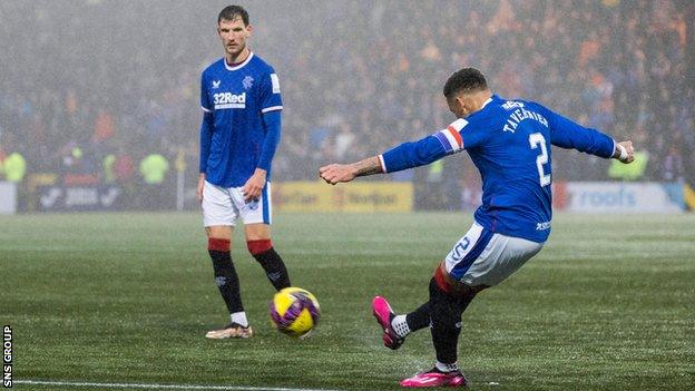 Rangers' James Tavernier scores a free kick to make it 0-2 during a cinch Premiership match between Livingston and Rangers at the Tony Macaroni Arena