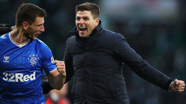 Rangers men's boss Steven Gerrard celebrates the league victory over Celtic in December